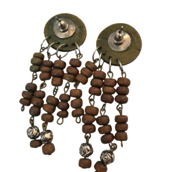 Vintage Brown Silver Wood Stud Dangle Earring - Picture 4 of 7